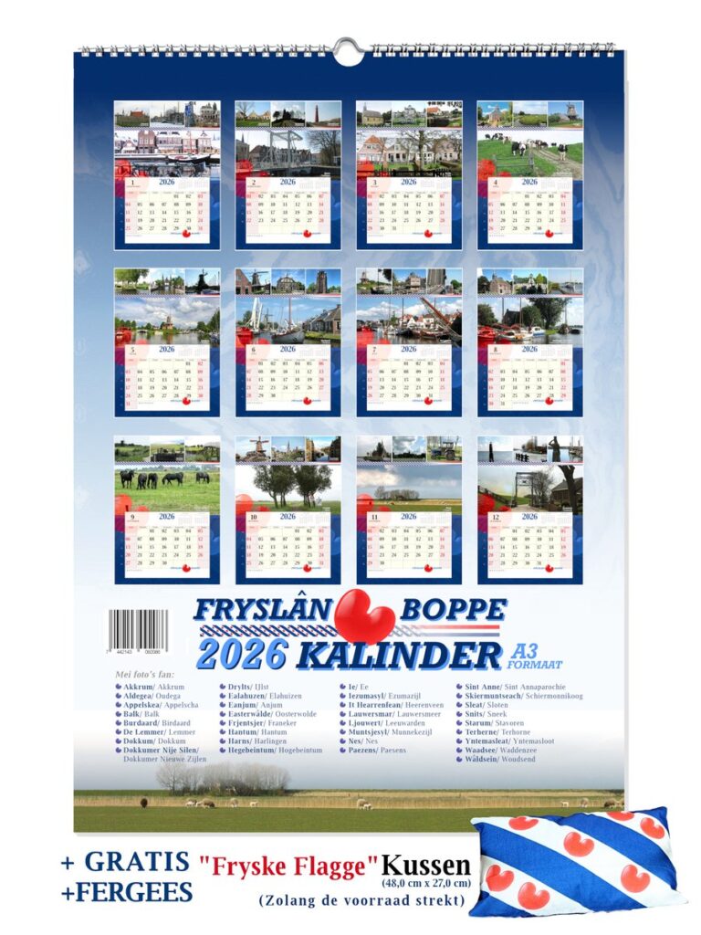 Fryslân Boppe Kalinder 2026 - Friesland Foto Kalender - A3 Formaat + GRATIS Friese Vlag Kussen