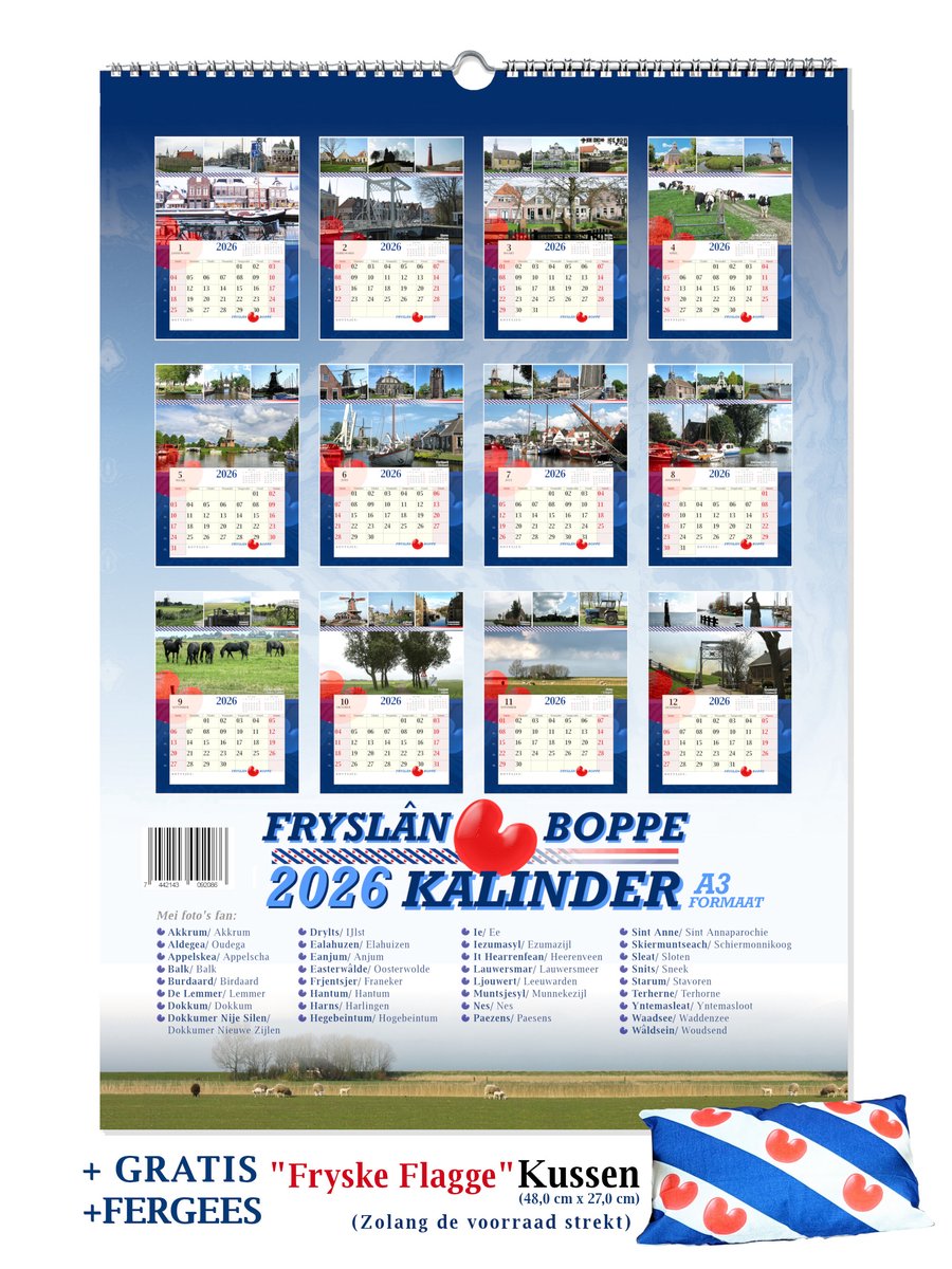 Fryslân Boppe Kalinder 2026 - Friesland Foto Kalender - A3 Formaat + GRATIS Friese Vlag Kussen